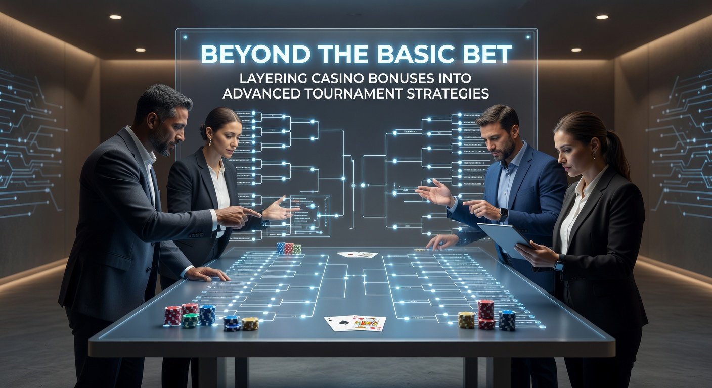 Casino tournament players strategizing around a table with bonus overlays on screens, highlighting layered wagering tactics