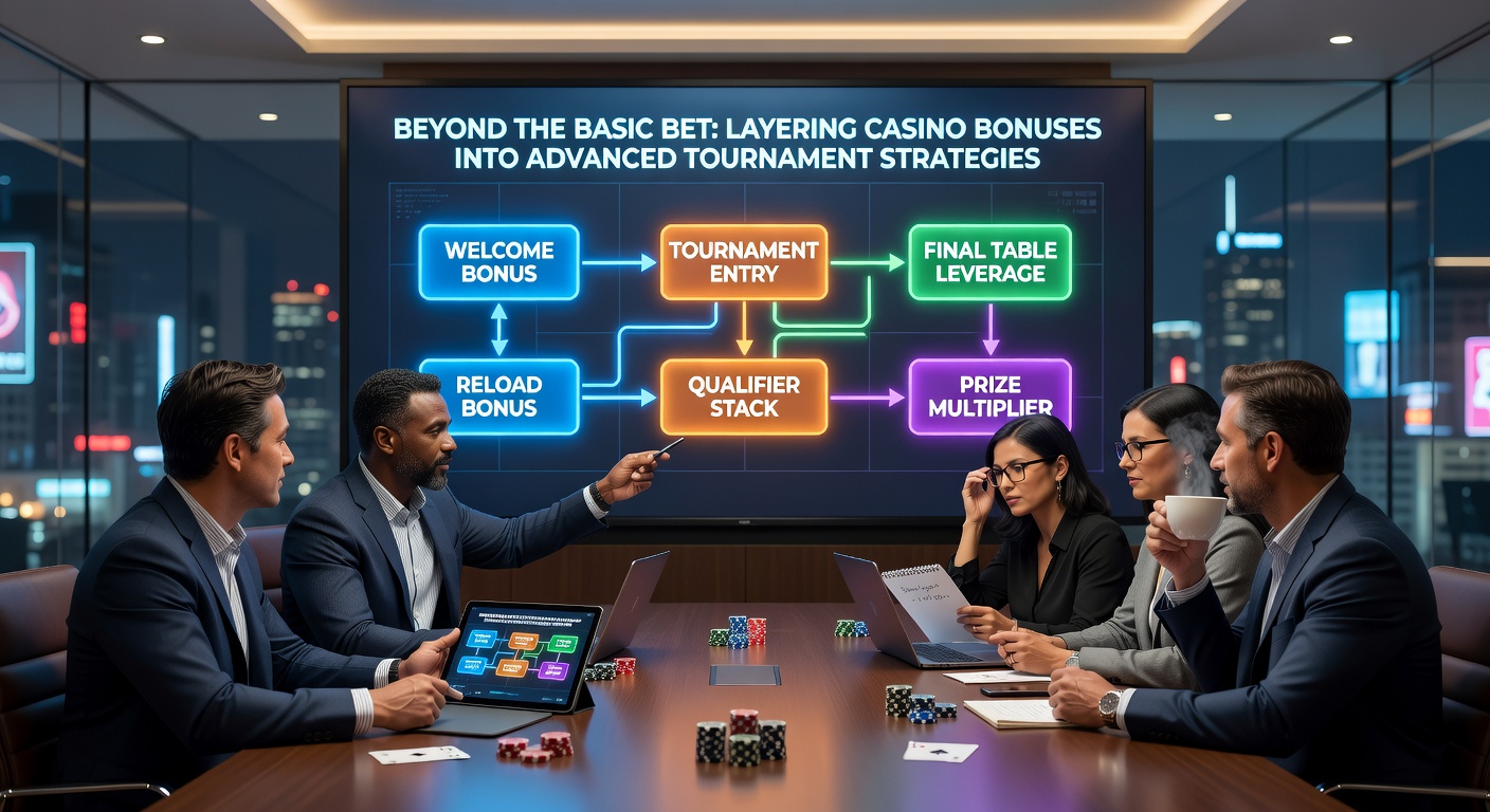 Digital dashboard showing layered bonus stacks fueling a live tournament progression, with charts of chip growth