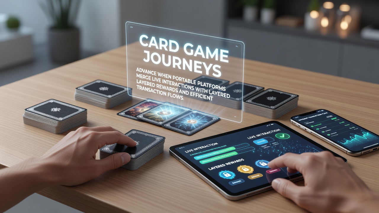 Portable device screen showing merged live dealer card game interface with reward layers and transaction options