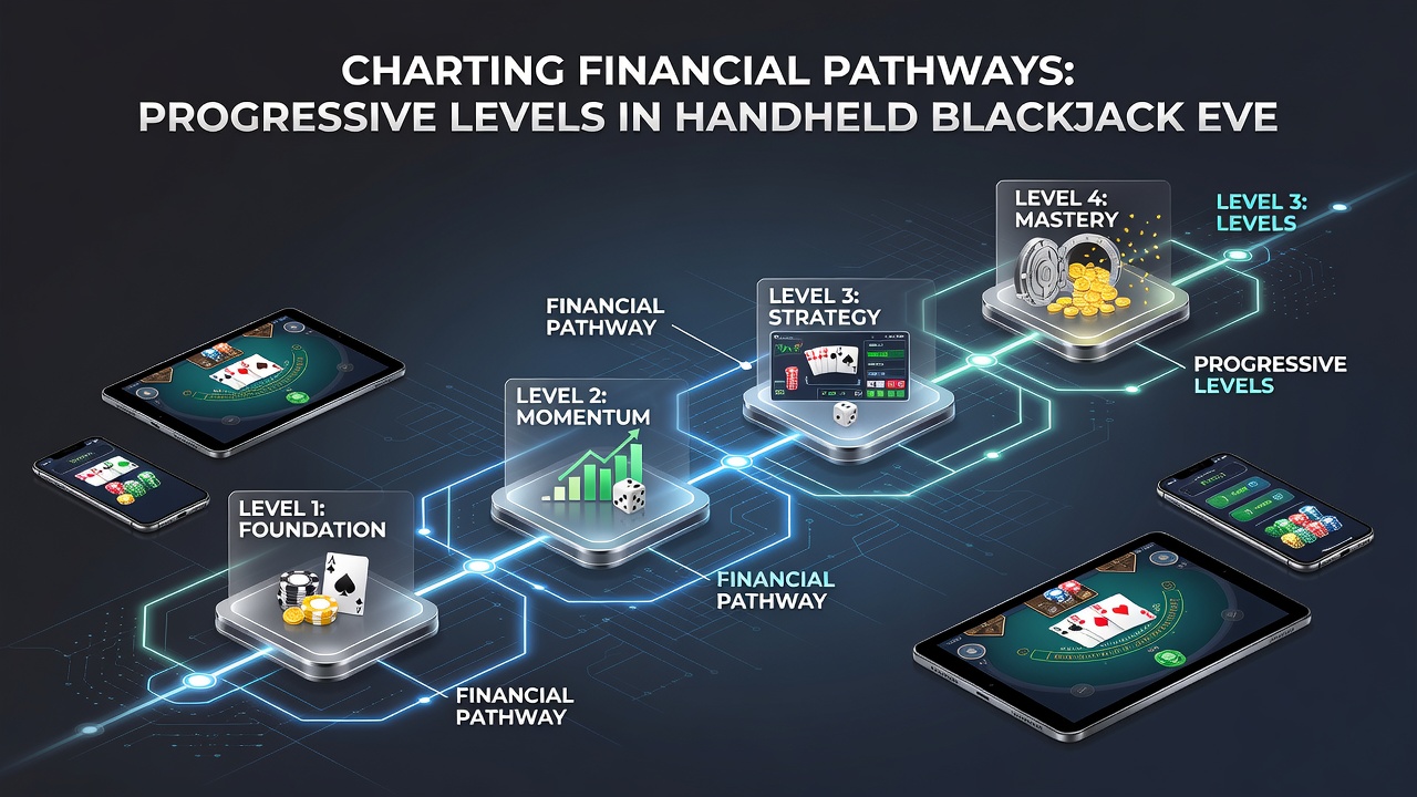 Player advancing through handheld blackjack tournament levels with visible financial pathway indicators and balance tracking