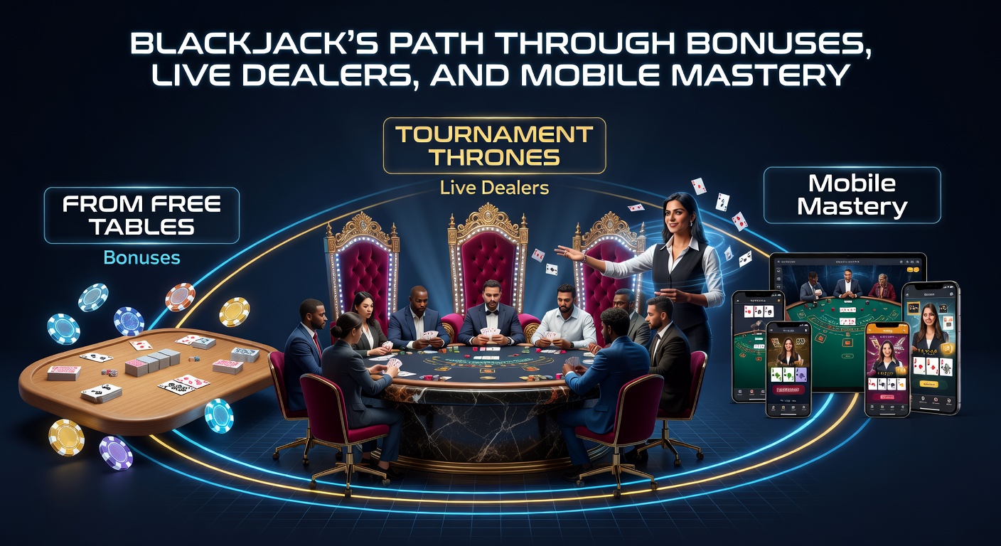 Players transitioning from free blackjack tables to competitive tournament play, showcasing chips, cards, and digital screens