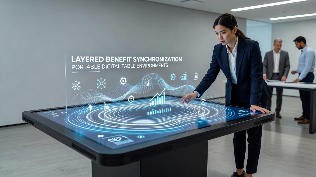 Close-up of digital table interface showing multiple synchronized data layers in action