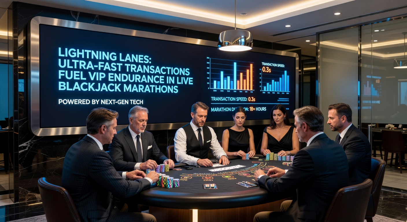 Vibrant live blackjack table with digital transaction overlays highlighting lightning-fast payment streams during a high-stakes marathon session