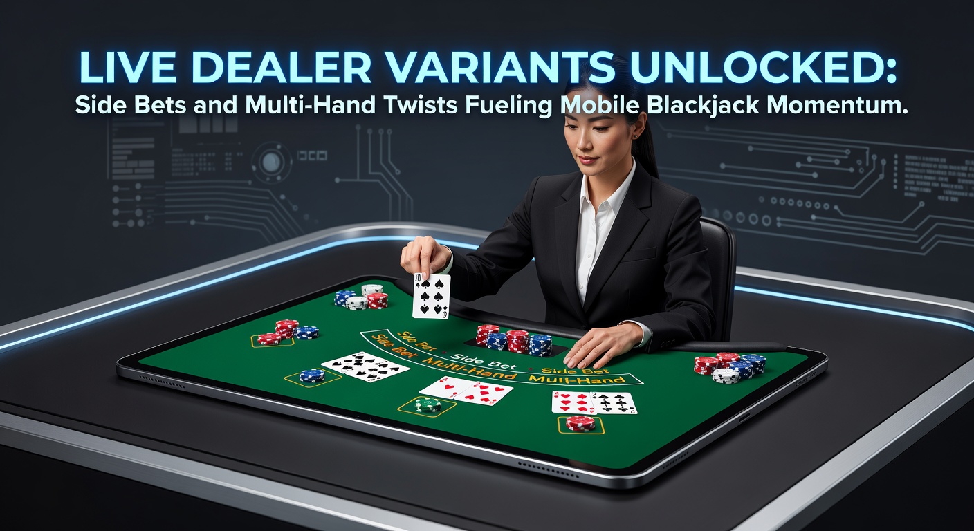 Mobile blackjack app displaying multi-hand live dealer game with side bets active, dealer visible in split-screen view amid swirling card animations