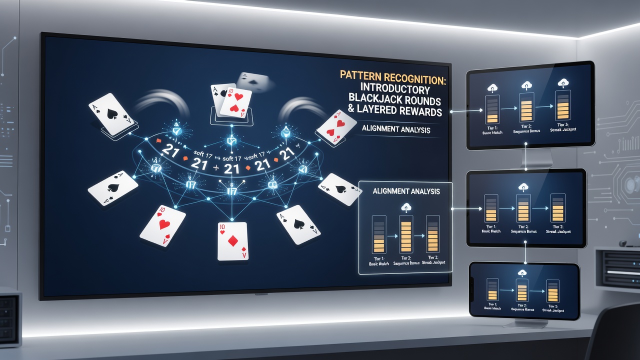 Layered reward pathway diagram connected to blackjack event structures on varied device displays