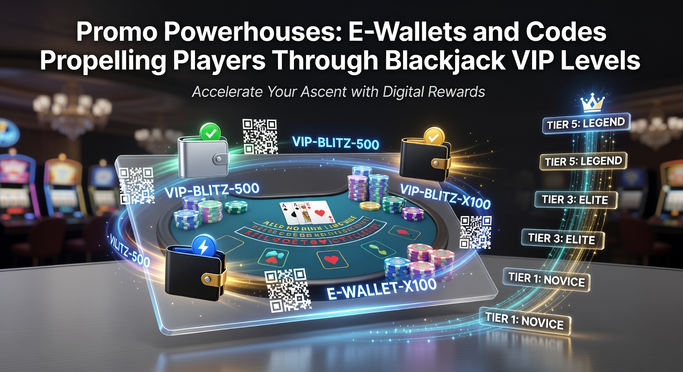 Digital wallet icons overlaying a blackjack table with VIP badges glowing in the background, symbolizing swift promotions and tier climbs