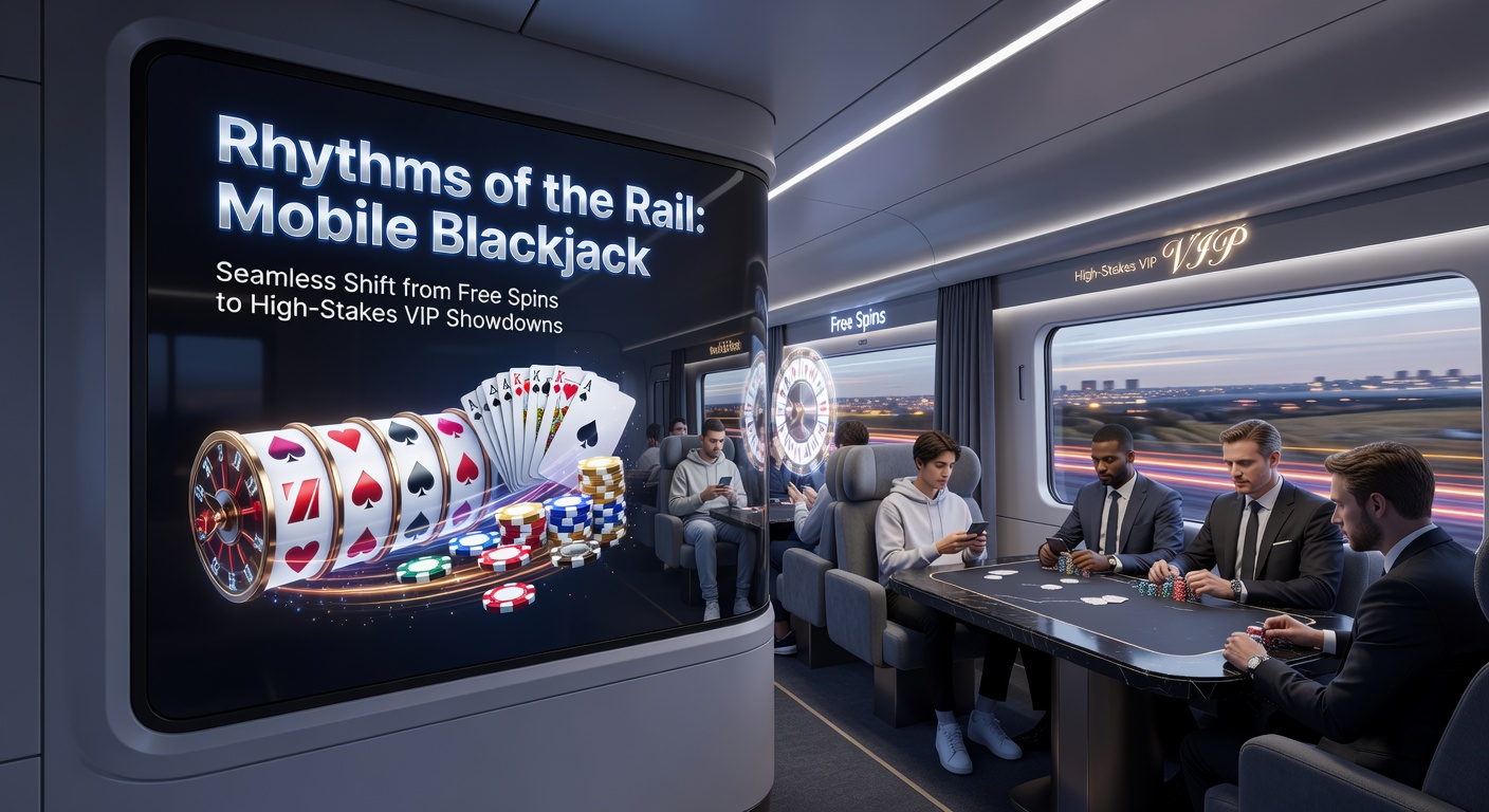 Smartphone screen displaying a mobile blackjack app with free spins transitioning to a high-stakes VIP table, evoking a rhythmic rail journey