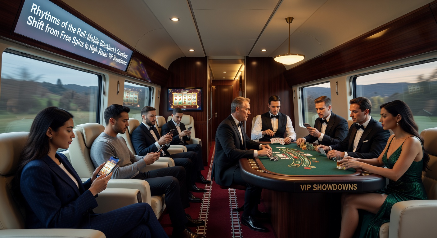 High-stakes VIP blackjack showdown on a mobile device, with rhythmic animations and rail-themed progress bars indicating seamless advancement