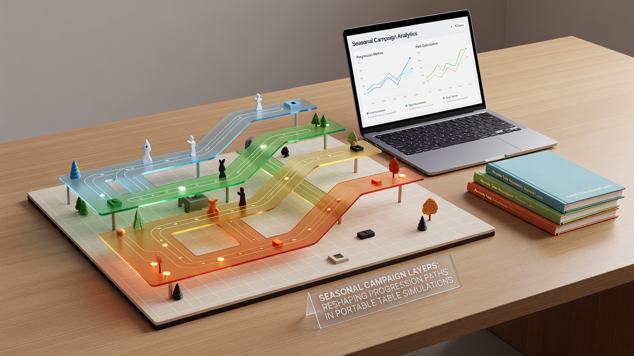 Progression dashboard in a portable blackjack simulation highlighting seasonal layer tracks and reward intersections