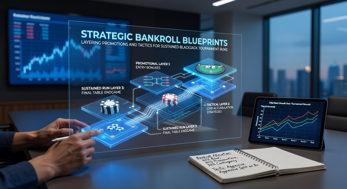 A detailed blueprint diagram overlaying blackjack cards, chips stacks, and promotional icons representing layered bankroll strategies for tournament endurance