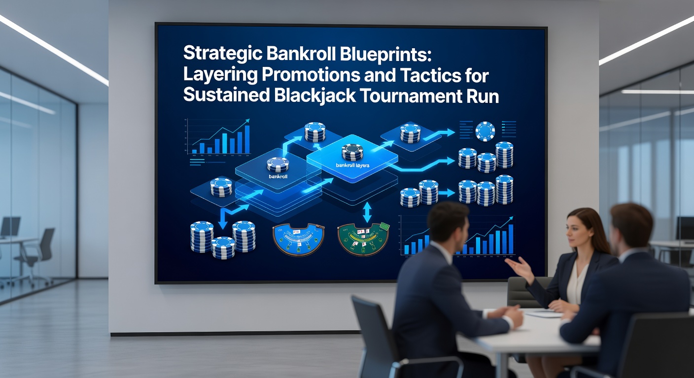 Stacked chip towers intertwined with tactical charts and bonus voucher icons, illustrating layered strategies for prolonged blackjack tournament success