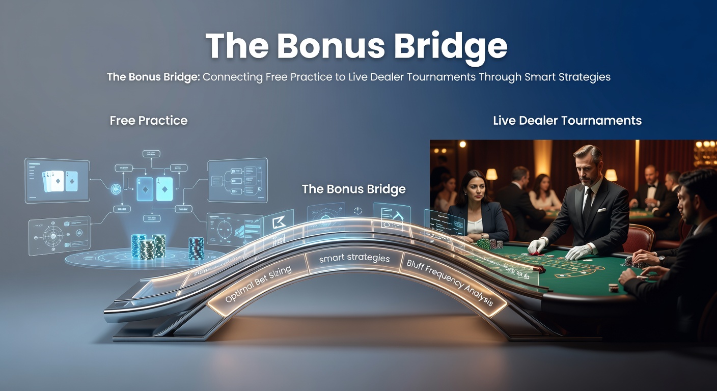 A digital bridge linking free blackjack practice tables on one side to vibrant live dealer tournament arenas on the other, symbolizing strategic progression