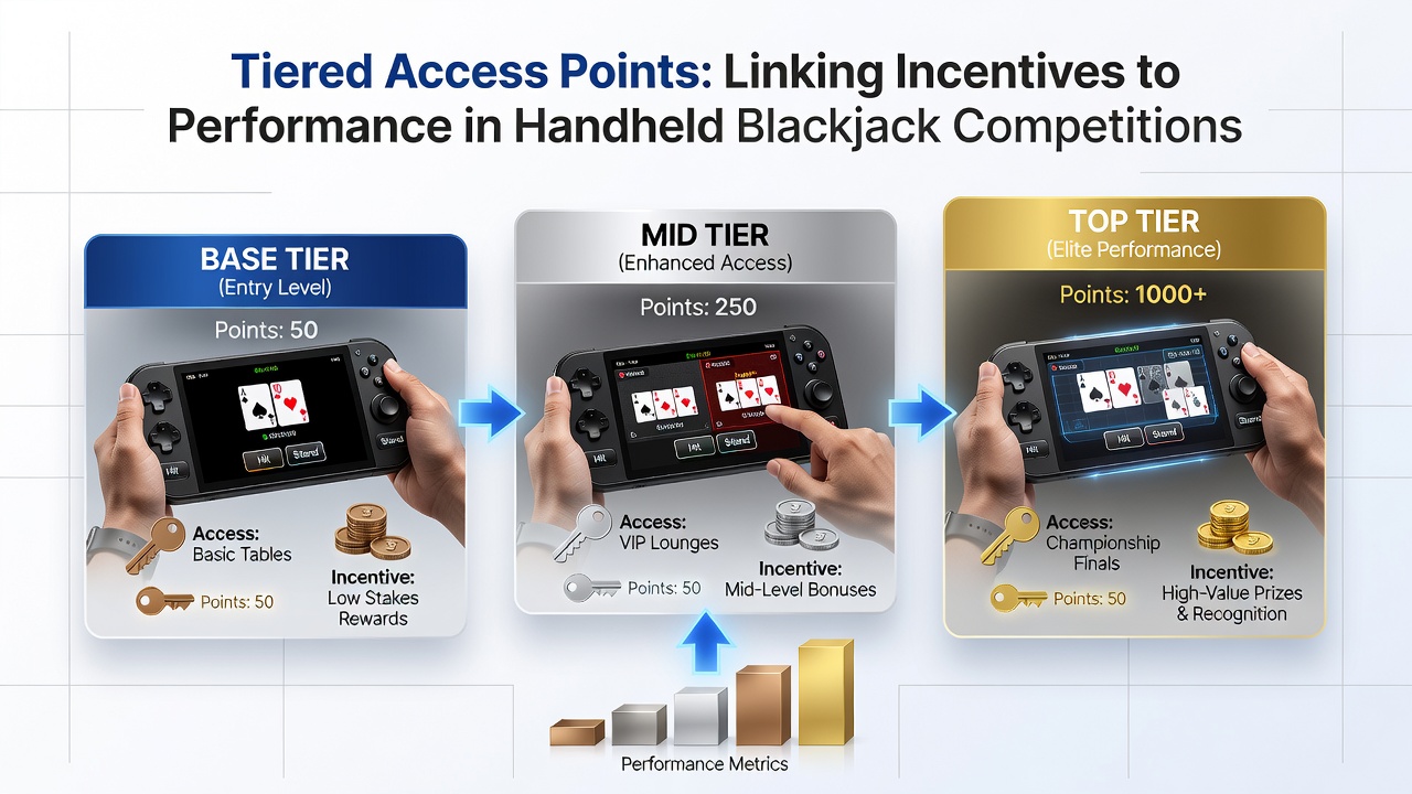 Mobile interface displaying tier progression and incentive rewards in a handheld blackjack competition