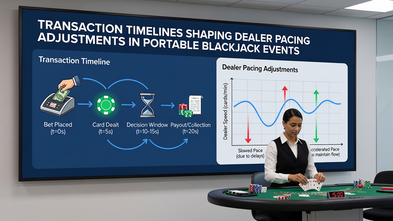 Live dealer managing portable blackjack game flow while transaction status updates appear on connected mobile interfaces